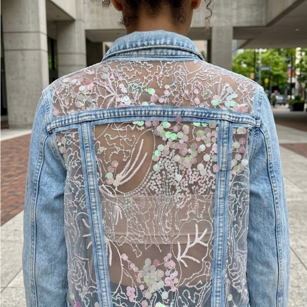 Handcrafted Blue Denim Jacket with Embroidered Sequins Back